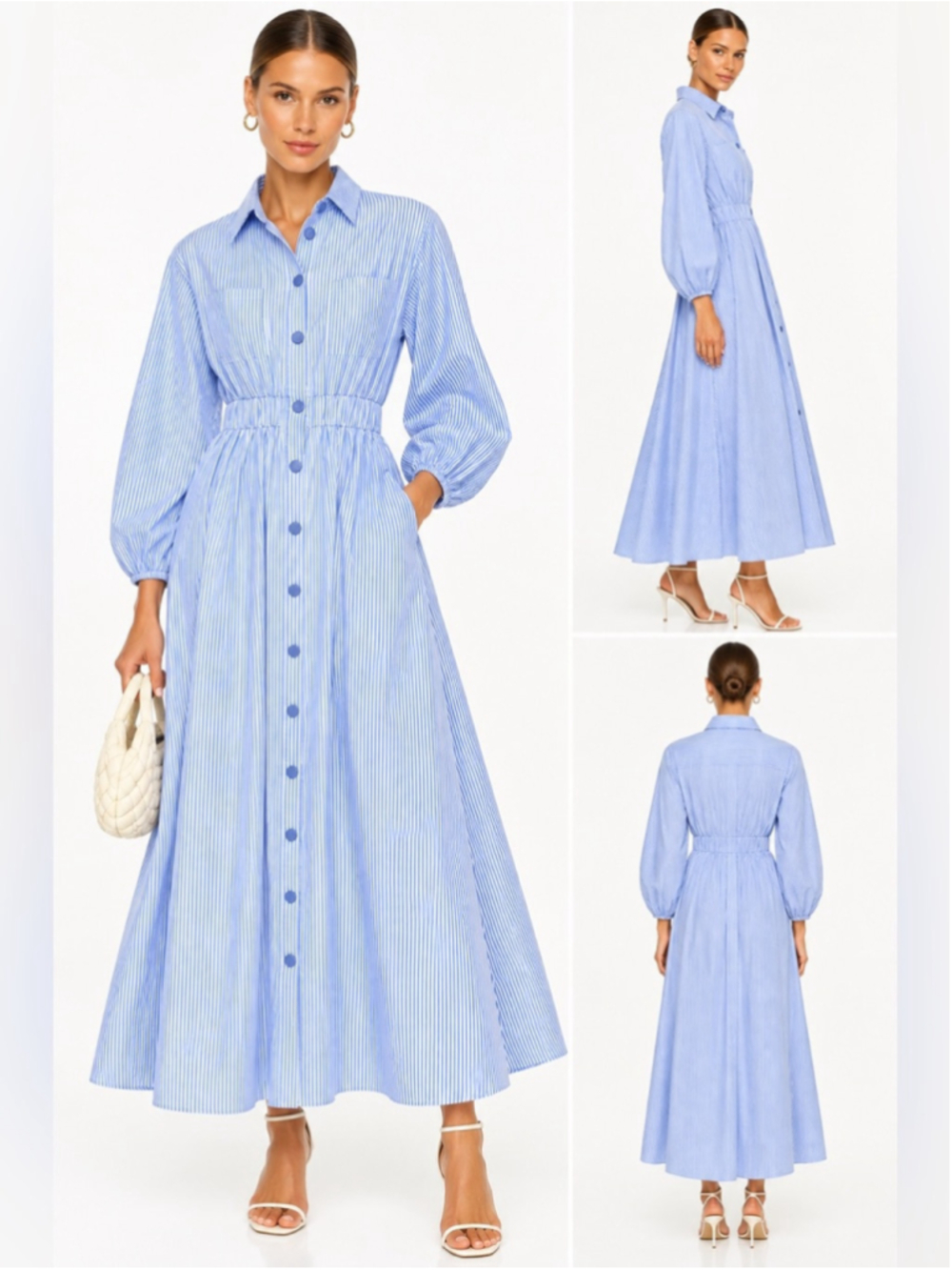 Blue White Striped Button Front Maxi Shirt Dress Elastic Waist - Picture 3 of 9